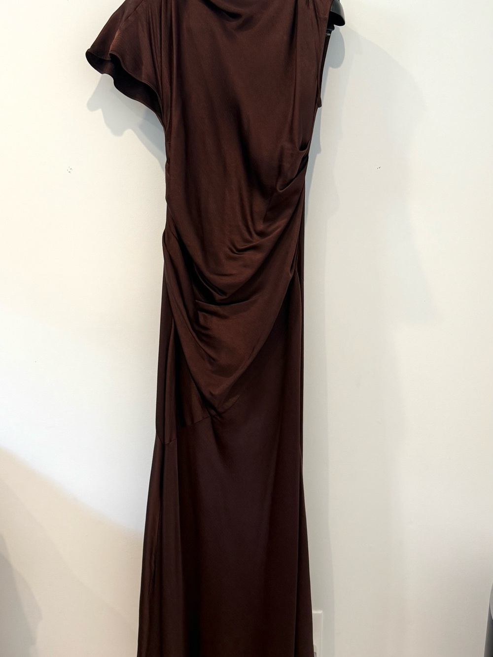 Banana Republic Bronze Hammered Satin Draped Asymmetrical Dress Maxi size M.